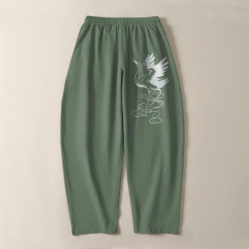 Nimara Ritual Pure Cotton White Crane Pattern Drawstring Men's Tapered Pants With Pockets
