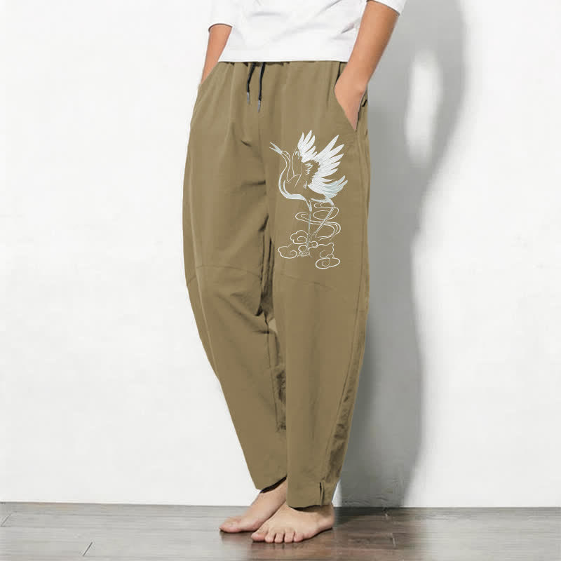 Nimara Ritual Pure Cotton White Crane Pattern Drawstring Men's Tapered Pants With Pockets