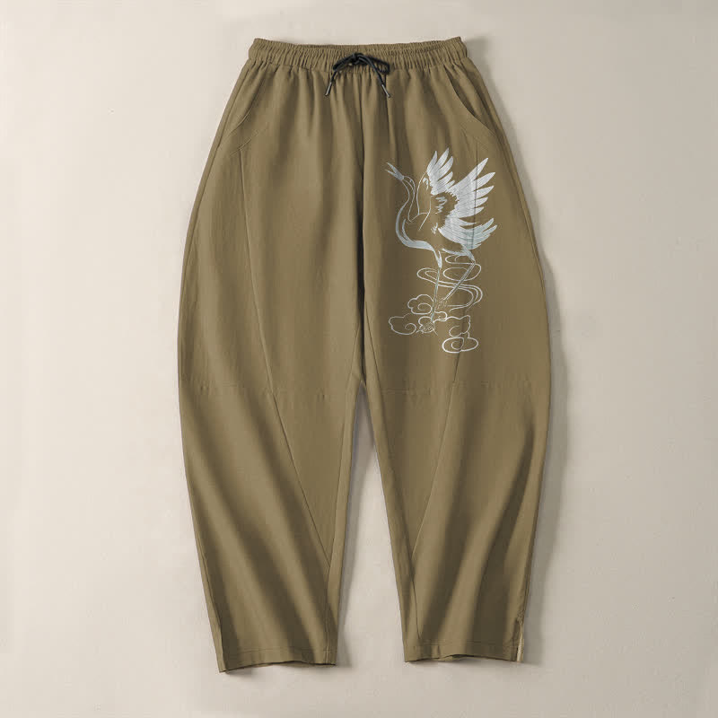 Nimara Ritual Pure Cotton White Crane Pattern Drawstring Men's Tapered Pants With Pockets