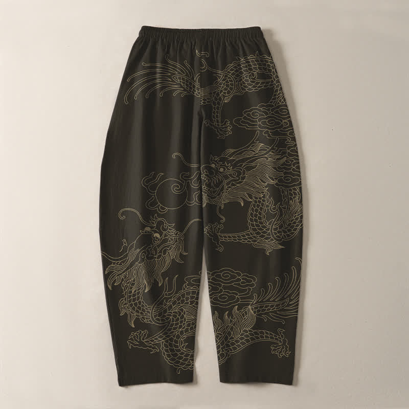 Nimara Ritual Pure Cotton Golden Dragon Cloud Pattern Drawstring Men's Tapered Pants With Pockets