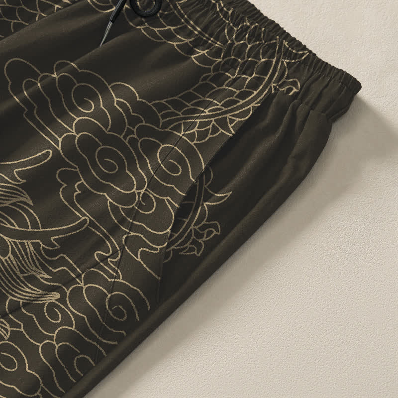 Nimara Ritual Pure Cotton Golden Dragon Cloud Pattern Drawstring Men's Tapered Pants With Pockets