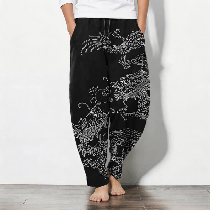 Nimara Ritual Pure Cotton Golden Dragon Cloud Pattern Drawstring Men's Tapered Pants With Pockets