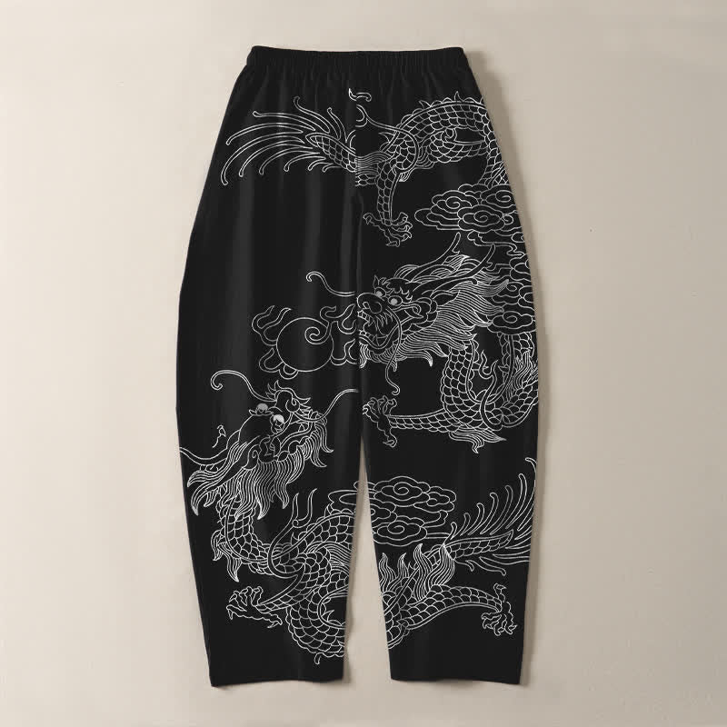 Nimara Ritual Pure Cotton Golden Dragon Cloud Pattern Drawstring Men's Tapered Pants With Pockets