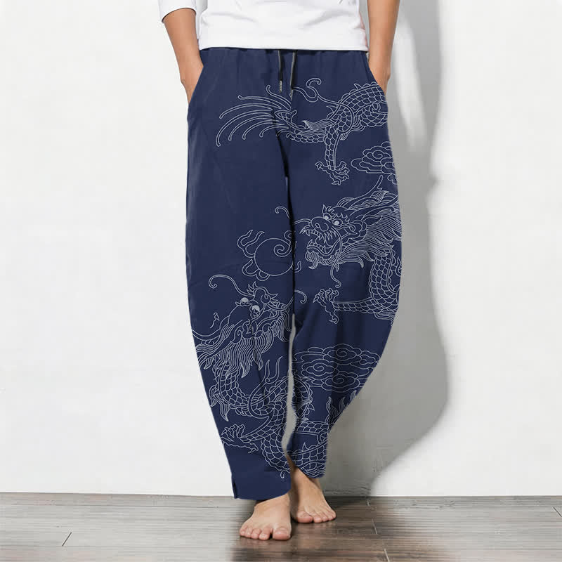 Nimara Ritual Pure Cotton Golden Dragon Cloud Pattern Drawstring Men's Tapered Pants With Pockets