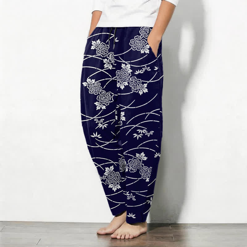 Nimara Ritual Pure Cotton White Floral Vine Pattern Drawstring Men's Tapered Pants With Pockets