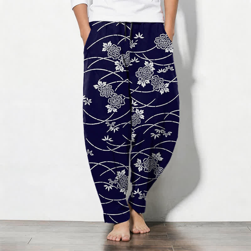 Nimara Ritual Pure Cotton White Floral Vine Pattern Drawstring Men's Tapered Pants With Pockets
