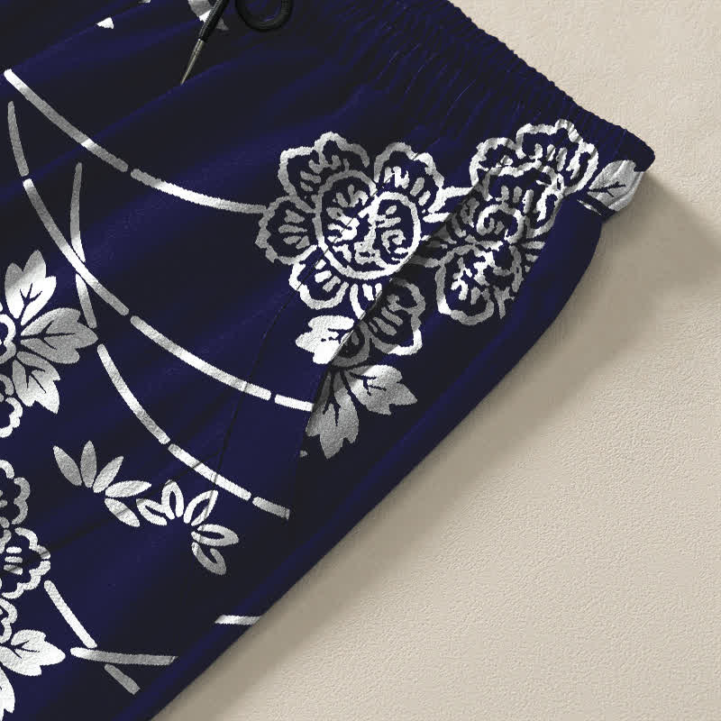 Nimara Ritual Pure Cotton White Floral Vine Pattern Drawstring Men's Tapered Pants With Pockets