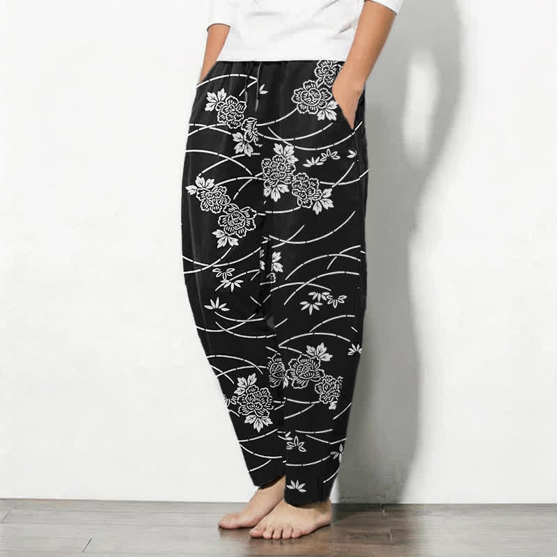 Nimara Ritual Pure Cotton White Floral Vine Pattern Drawstring Men's Tapered Pants With Pockets