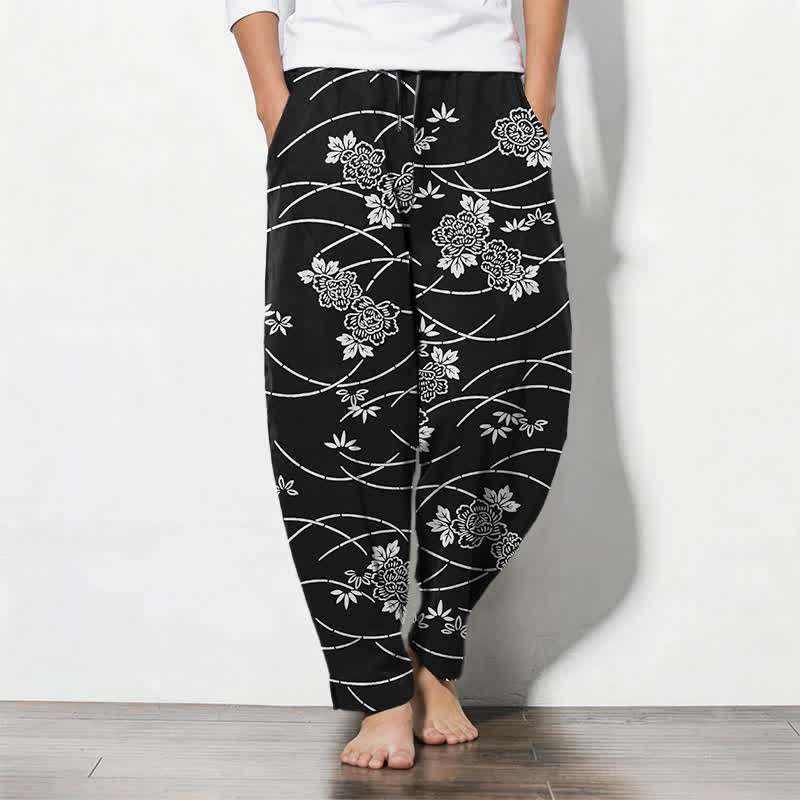 Nimara Ritual Pure Cotton White Floral Vine Pattern Drawstring Men's Tapered Pants With Pockets