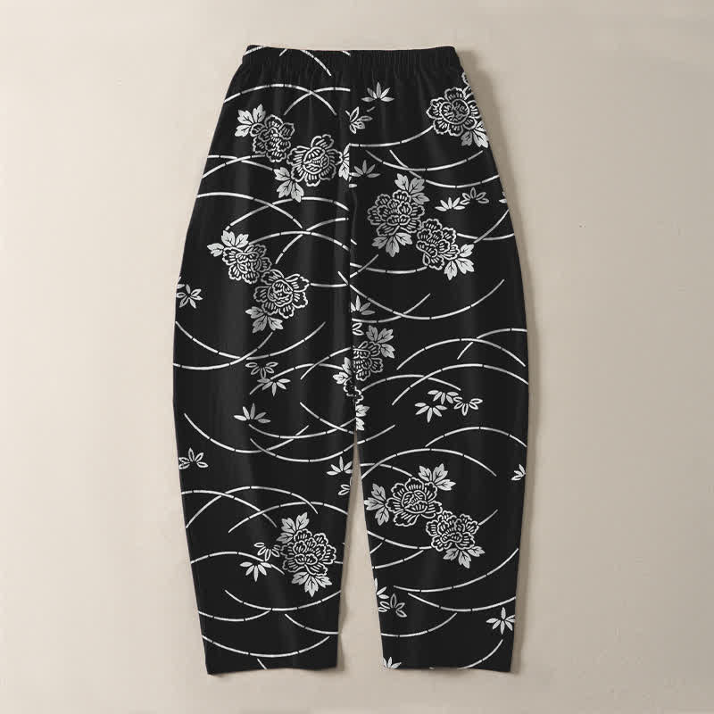 Nimara Ritual Pure Cotton White Floral Vine Pattern Drawstring Men's Tapered Pants With Pockets