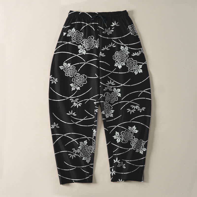 Nimara Ritual Pure Cotton White Floral Vine Pattern Drawstring Men's Tapered Pants With Pockets