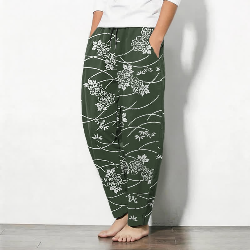 Nimara Ritual Pure Cotton White Floral Vine Pattern Drawstring Men's Tapered Pants With Pockets