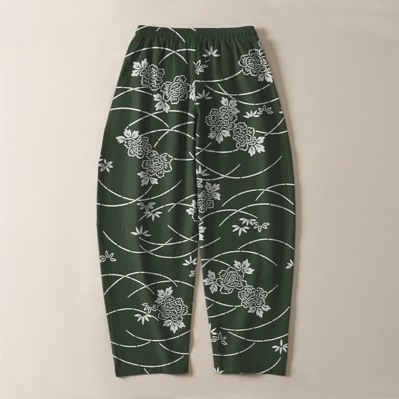Nimara Ritual Pure Cotton White Floral Vine Pattern Drawstring Men's Tapered Pants With Pockets