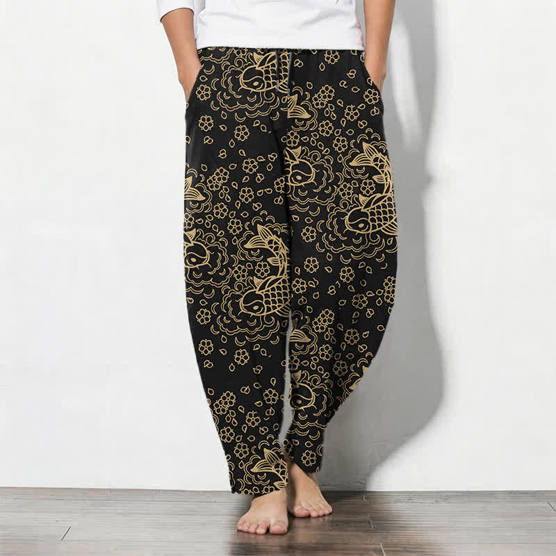 Nimara Ritual Pure Cotton Golden Koi Fish Floral Pattern Drawstring Men's Tapered Pants With Pockets