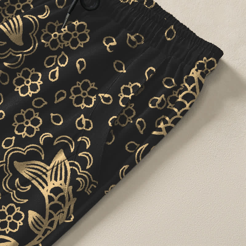 Nimara Ritual Pure Cotton Golden Koi Fish Floral Pattern Drawstring Men's Tapered Pants With Pockets