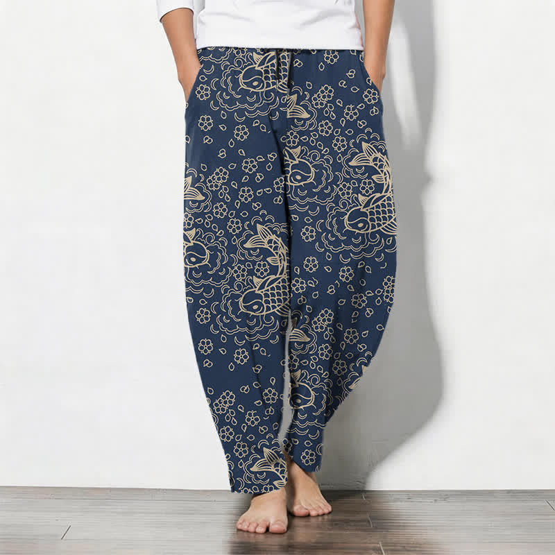 Nimara Ritual Pure Cotton Golden Koi Fish Floral Pattern Drawstring Men's Tapered Pants With Pockets