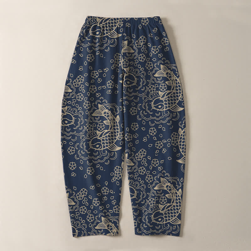 Nimara Ritual Pure Cotton Golden Koi Fish Floral Pattern Drawstring Men's Tapered Pants With Pockets
