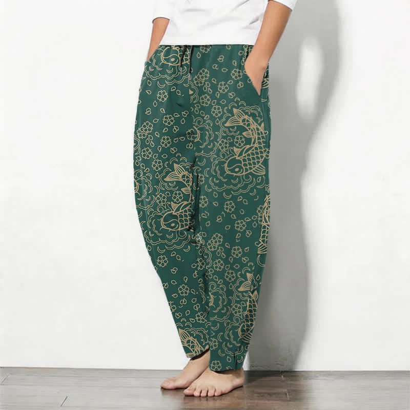 Nimara Ritual Pure Cotton Golden Koi Fish Floral Pattern Drawstring Men's Tapered Pants With Pockets