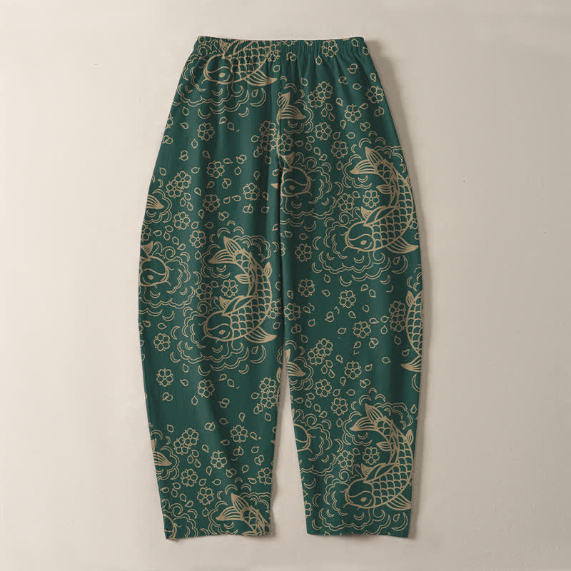 Nimara Ritual Pure Cotton Golden Koi Fish Floral Pattern Drawstring Men's Tapered Pants With Pockets
