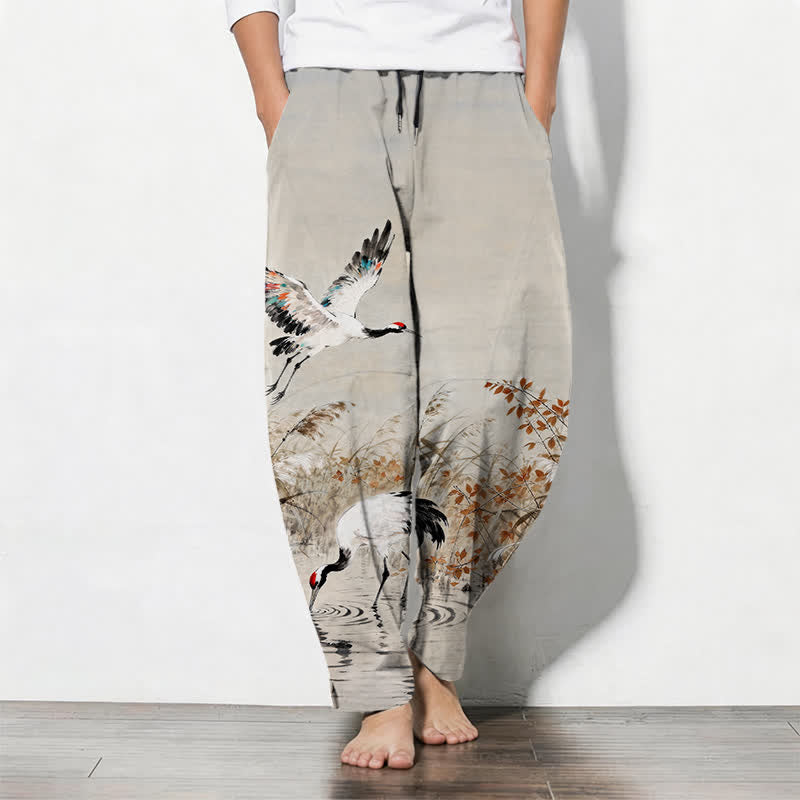 Nimara Ritual Pure Cotton Ink Wash Crane Reeds Pattern Drawstring Men's Tapered Pants With Pockets