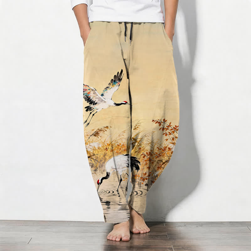 Nimara Ritual Pure Cotton Ink Wash Crane Reeds Pattern Drawstring Men's Tapered Pants With Pockets