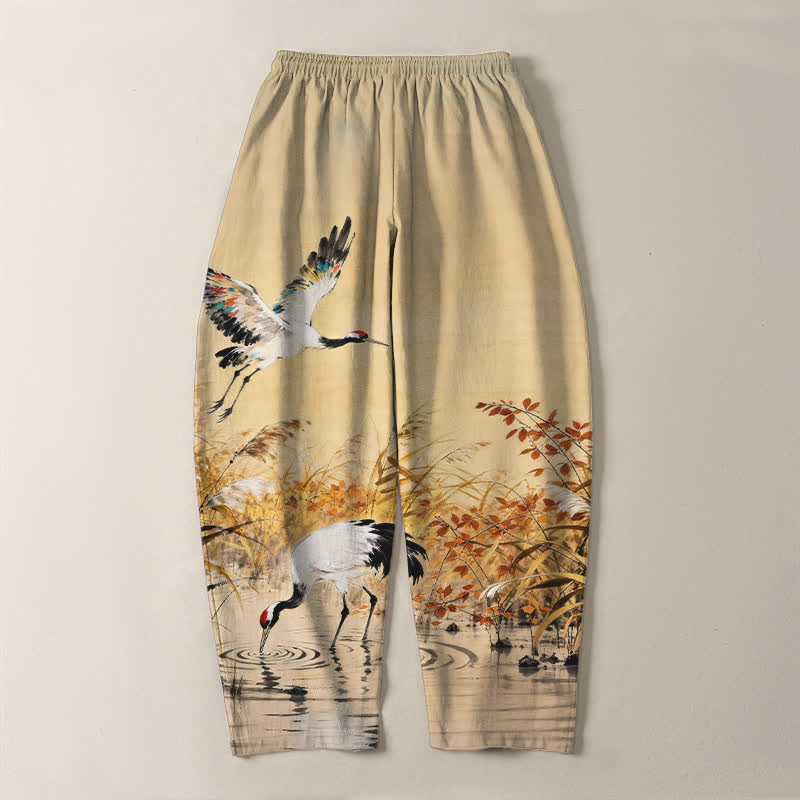 Nimara Ritual Pure Cotton Ink Wash Crane Reeds Pattern Drawstring Men's Tapered Pants With Pockets