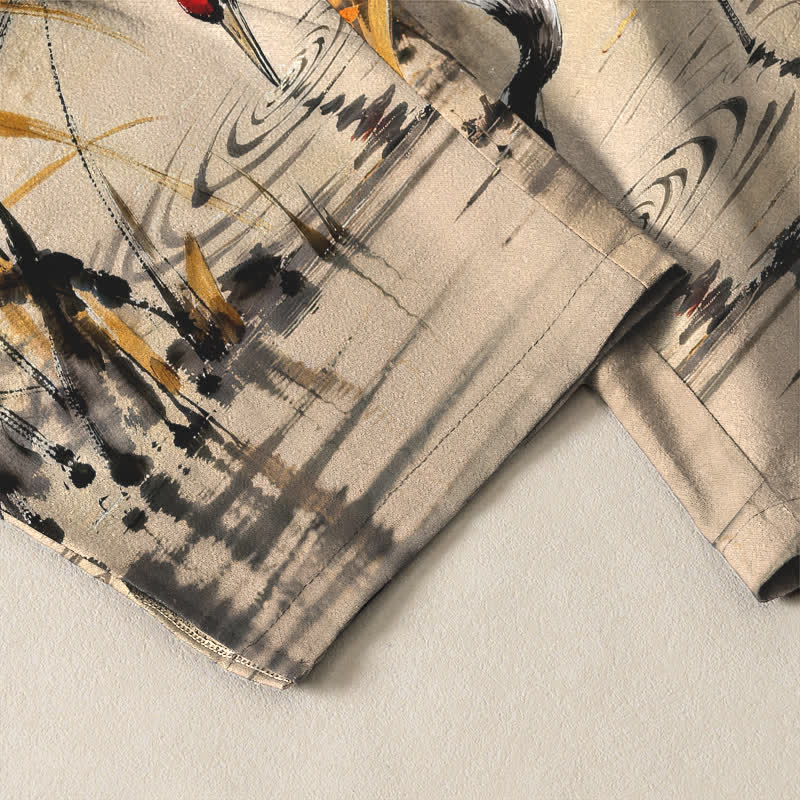 Nimara Ritual Pure Cotton Ink Wash Crane Reeds Pattern Drawstring Men's Tapered Pants With Pockets