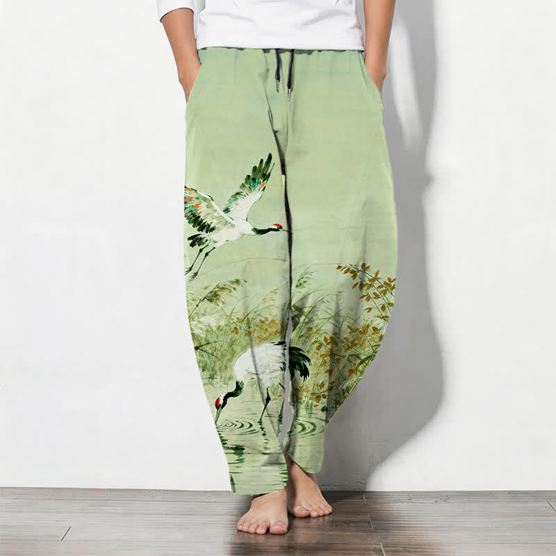 Nimara Ritual Pure Cotton Ink Wash Crane Reeds Pattern Drawstring Men's Tapered Pants With Pockets