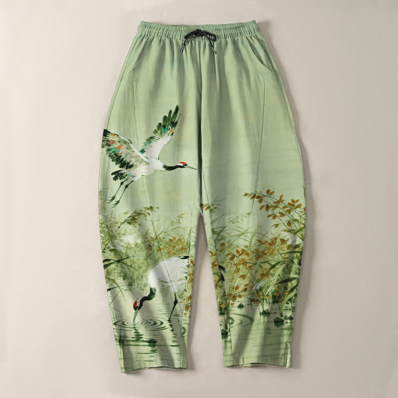 Nimara Ritual Pure Cotton Ink Wash Crane Reeds Pattern Drawstring Men's Tapered Pants With Pockets