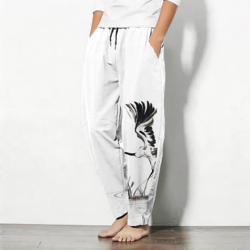 Nimara Ritual Pure Cotton Ink Crane Reed Pattern Drawstring Men's Tapered Pants With Pockets
