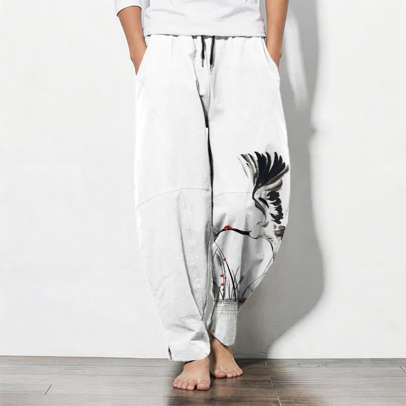 Nimara Ritual Pure Cotton Ink Crane Reed Pattern Drawstring Men's Tapered Pants With Pockets