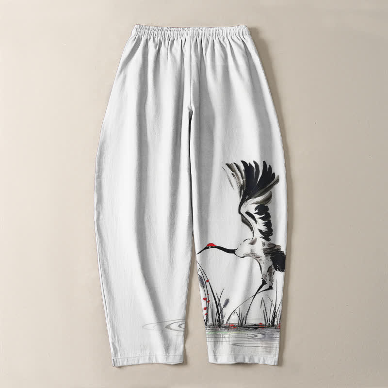 Nimara Ritual Pure Cotton Ink Crane Reed Pattern Drawstring Men's Tapered Pants With Pockets