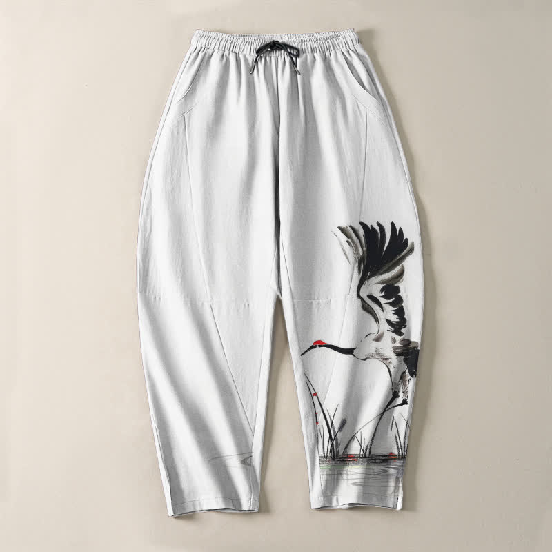 Nimara Ritual Pure Cotton Ink Crane Reed Pattern Drawstring Men's Tapered Pants With Pockets
