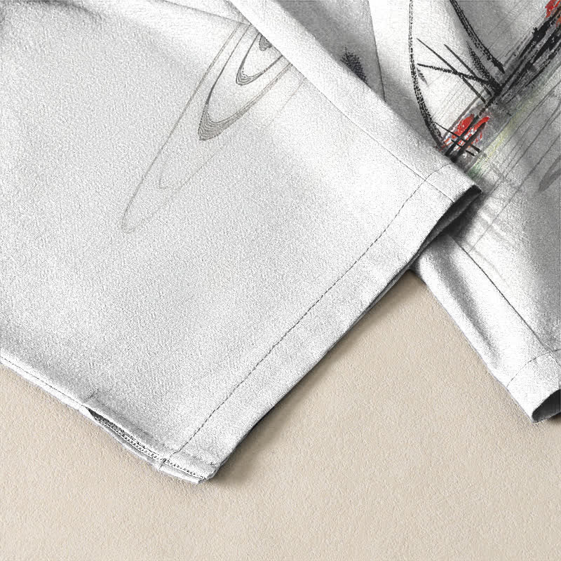 Nimara Ritual Pure Cotton Ink Crane Reed Pattern Drawstring Men's Tapered Pants With Pockets