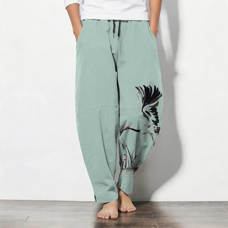 Nimara Ritual Pure Cotton Ink Crane Reed Pattern Drawstring Men's Tapered Pants With Pockets