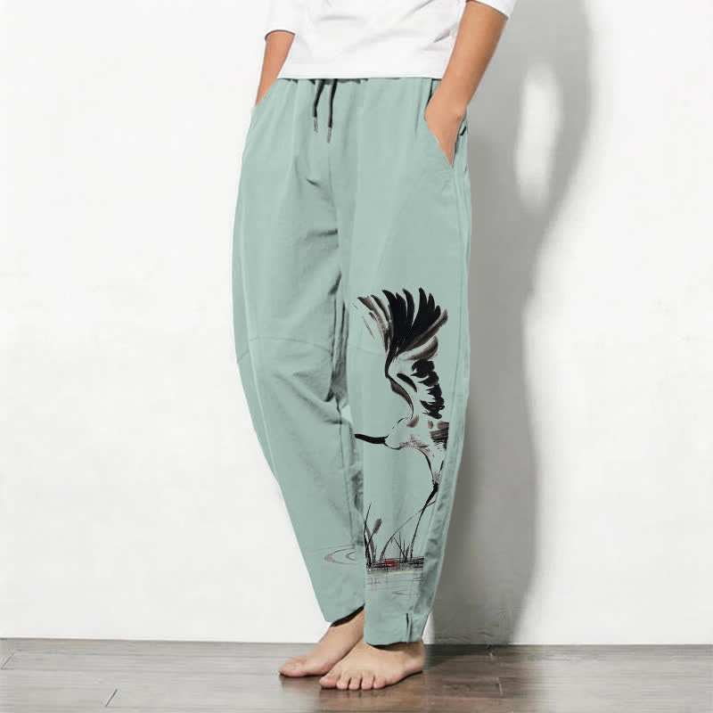Nimara Ritual Pure Cotton Ink Crane Reed Pattern Drawstring Men's Tapered Pants With Pockets