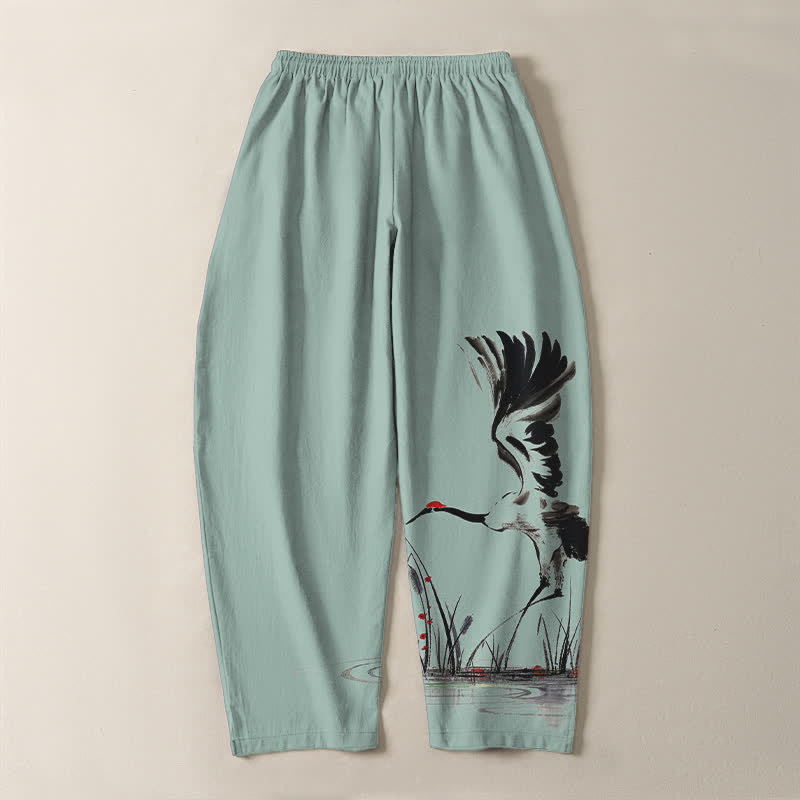 Nimara Ritual Pure Cotton Ink Crane Reed Pattern Drawstring Men's Tapered Pants With Pockets