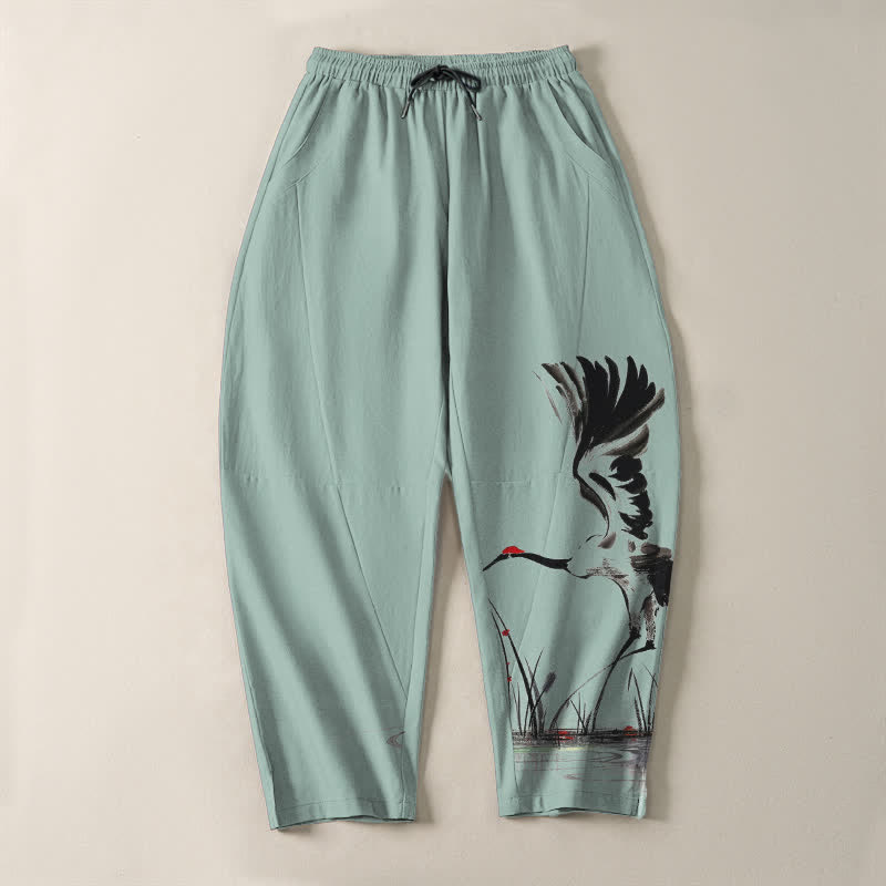 Nimara Ritual Pure Cotton Ink Crane Reed Pattern Drawstring Men's Tapered Pants With Pockets