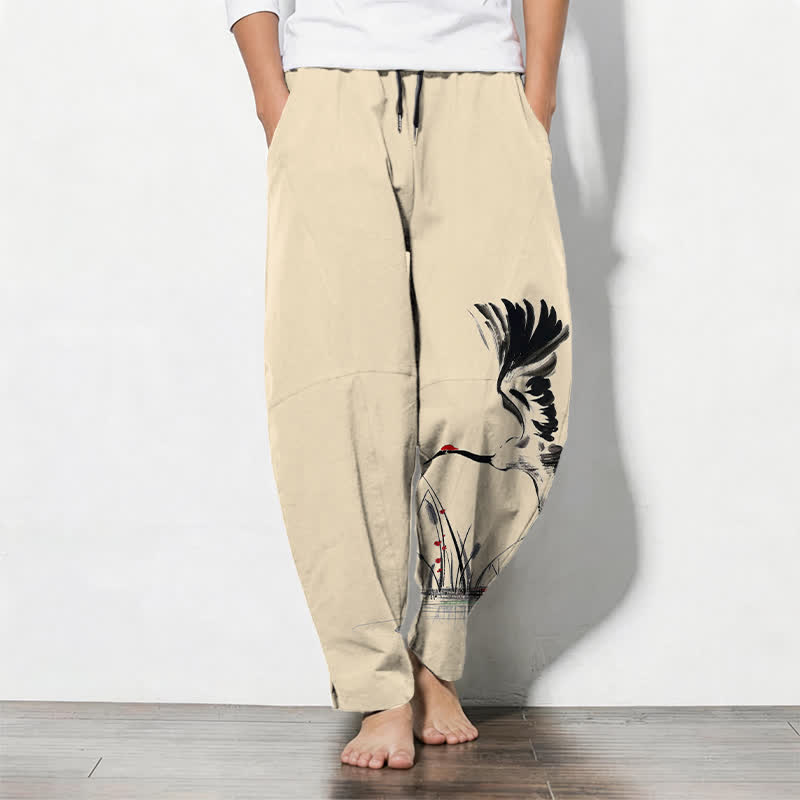 Nimara Ritual Pure Cotton Ink Crane Reed Pattern Drawstring Men's Tapered Pants With Pockets