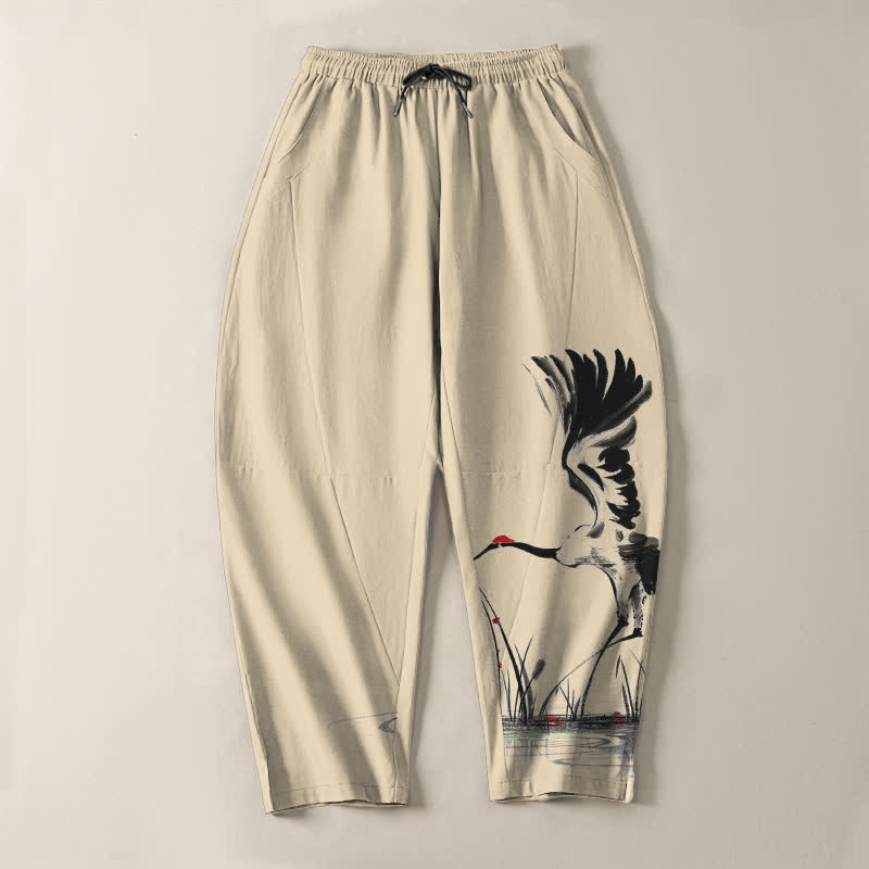Nimara Ritual Pure Cotton Ink Crane Reed Pattern Drawstring Men's Tapered Pants With Pockets
