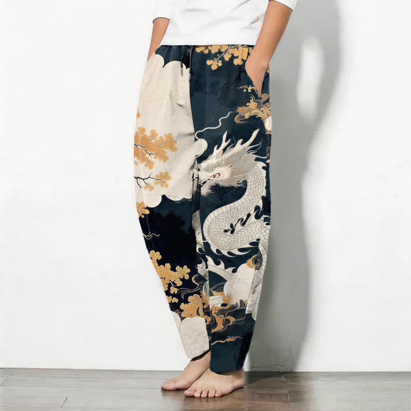 Nimara Ritual Pure Cotton Eastern Dragon Cloud Pattern Drawstring Men's Tapered Pants With Pockets