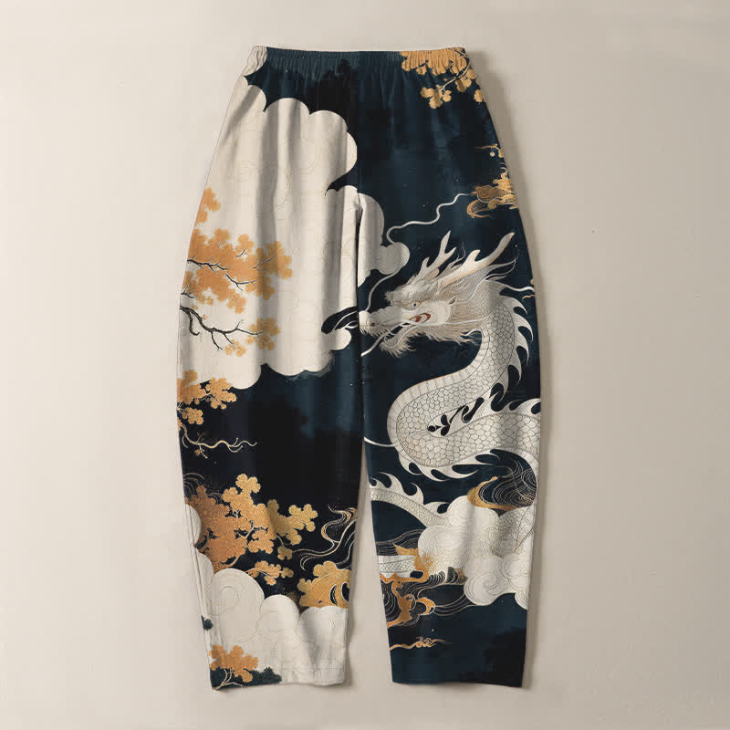 Nimara Ritual Pure Cotton Eastern Dragon Cloud Pattern Drawstring Men's Tapered Pants With Pockets