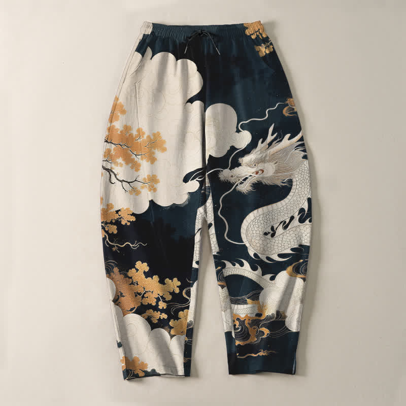 Nimara Ritual Pure Cotton Eastern Dragon Cloud Pattern Drawstring Men's Tapered Pants With Pockets