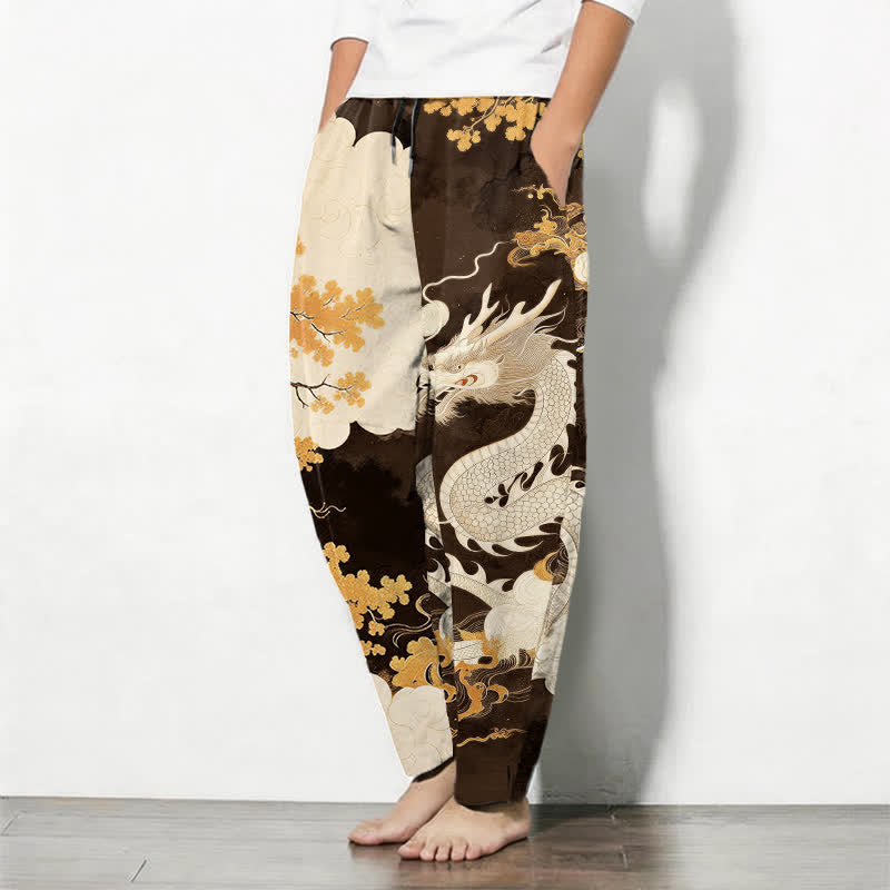 Nimara Ritual Pure Cotton Eastern Dragon Cloud Pattern Drawstring Men's Tapered Pants With Pockets