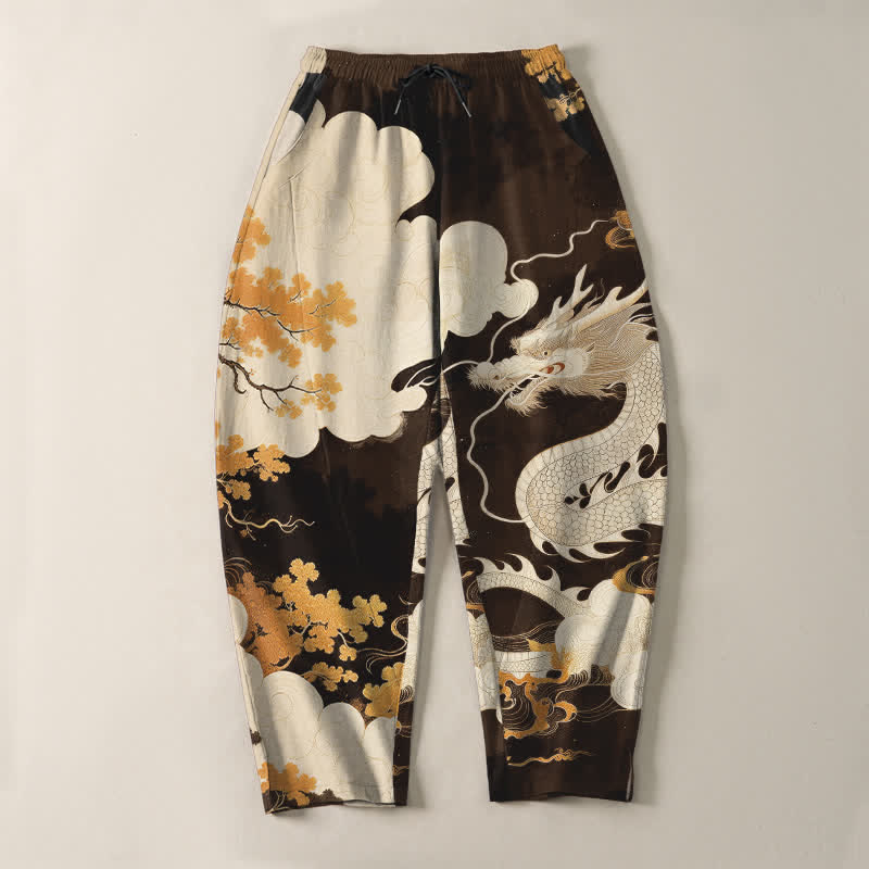 Nimara Ritual Pure Cotton Eastern Dragon Cloud Pattern Drawstring Men's Tapered Pants With Pockets