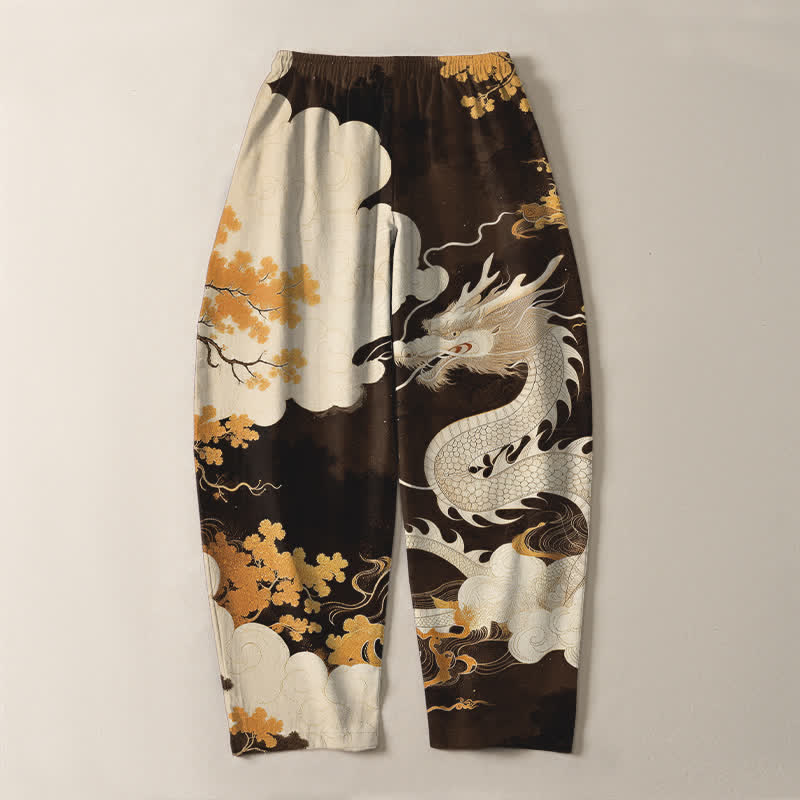 Nimara Ritual Pure Cotton Eastern Dragon Cloud Pattern Drawstring Men's Tapered Pants With Pockets