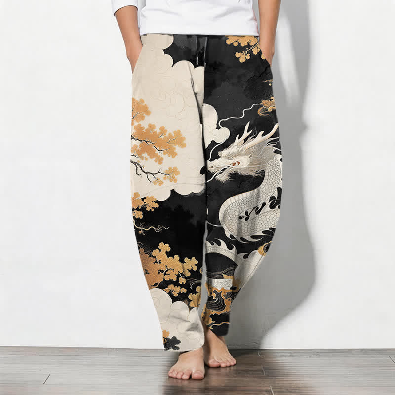 Nimara Ritual Pure Cotton Eastern Dragon Cloud Pattern Drawstring Men's Tapered Pants With Pockets