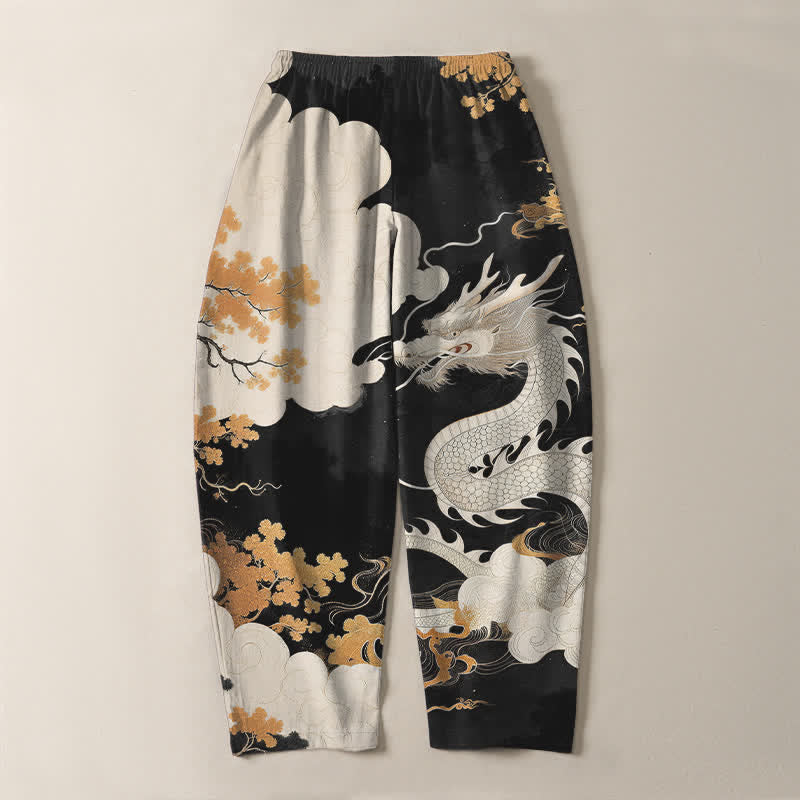 Nimara Ritual Pure Cotton Eastern Dragon Cloud Pattern Drawstring Men's Tapered Pants With Pockets