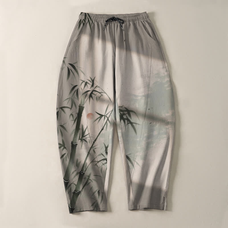 Nimara Ritual Pure Cotton Ink Bamboo Pattern Drawstring Men's Tapered Pants With Pockets