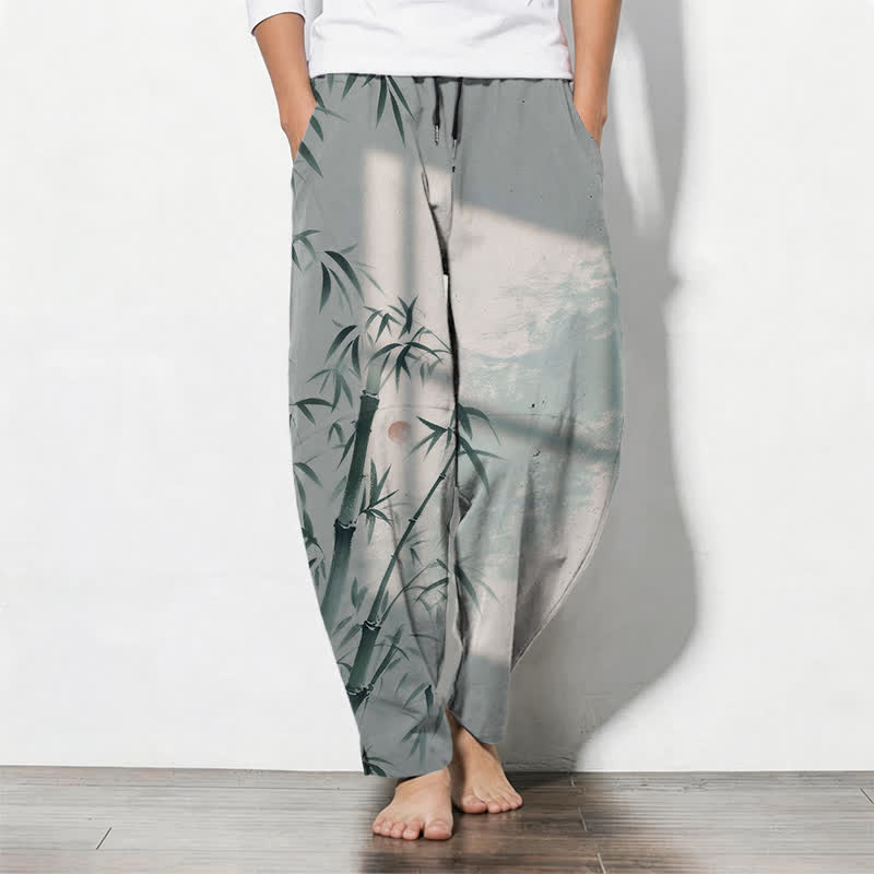 Nimara Ritual Pure Cotton Ink Bamboo Pattern Drawstring Men's Tapered Pants With Pockets